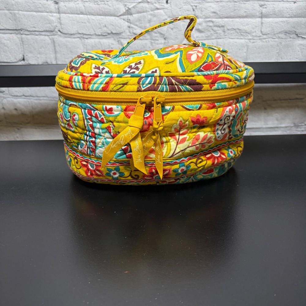 Vera Bradley Yellow Floral Quilted Cotton Makeup Bag Travel Vanity Case